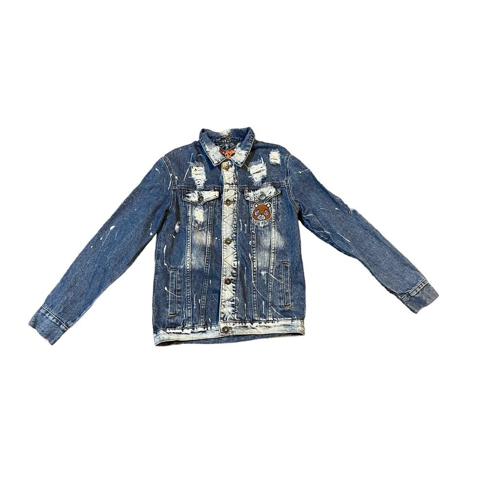 Rolling Paper Distressed Denim Jacket Size Small With Bear On Front